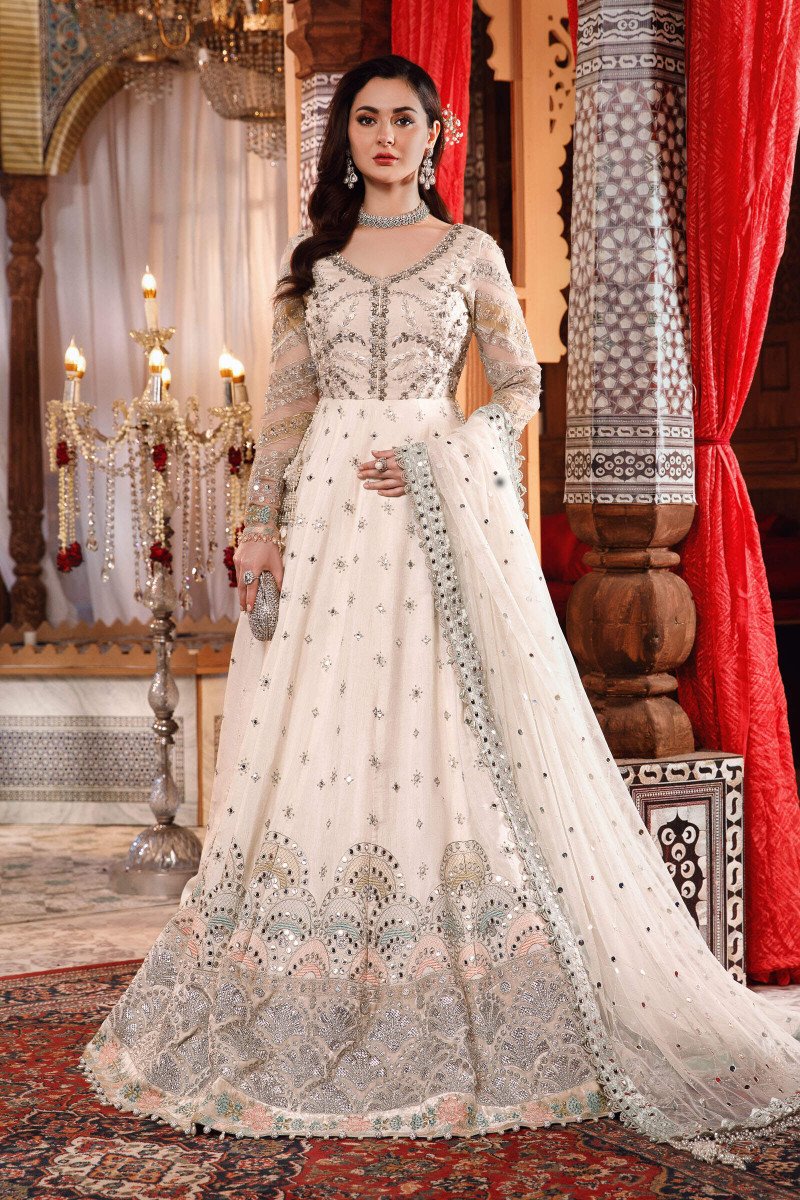 Brand Maria. B. - Pearl White and Peachy Silver Embroidered Suit - MB-178 - Tarz-e-Mashriq