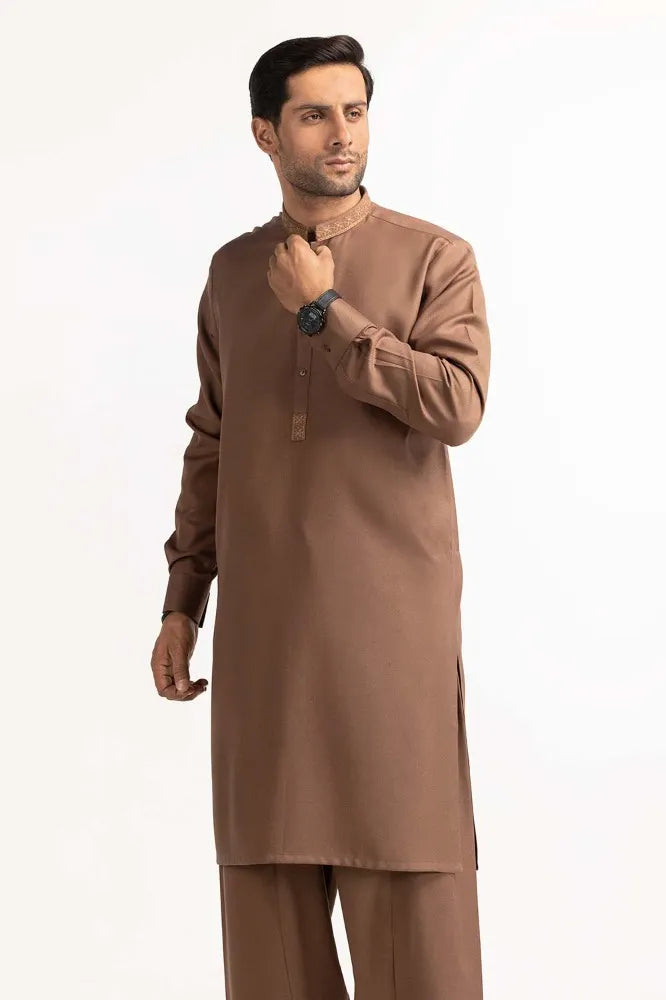 GulAhmed brown embroidered suit – a refined choice for Pakistani suits online in Canada, crafted with premium blended fabric.