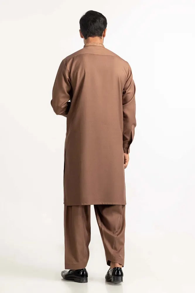 Rear view of the brown embroidered suit by GulAhmed, a sophisticated addition to Pakistani suits online in Canada for men.