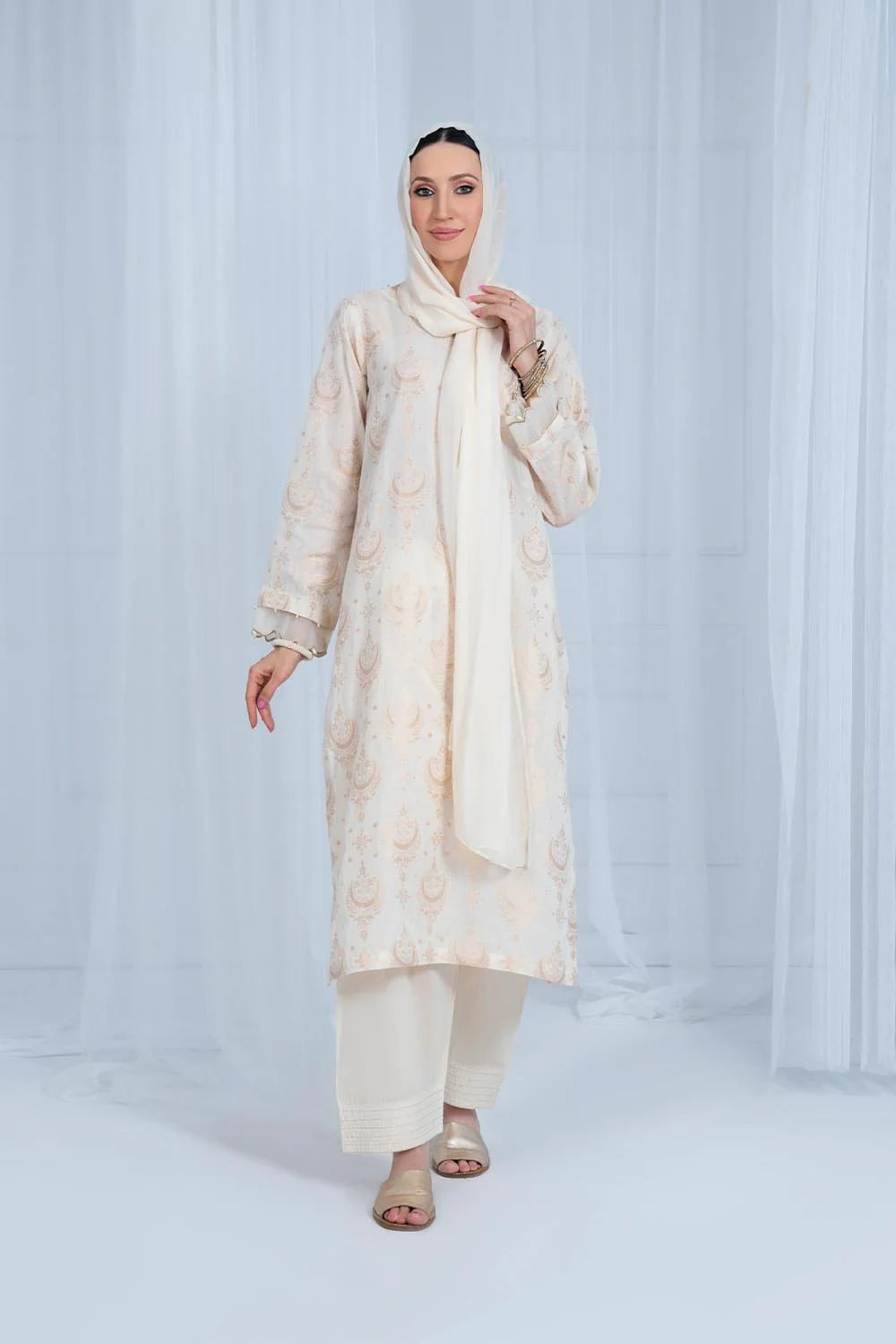 Creamy White Jacquard Long Shirt - HNO-100 - Tarz-e-Mashriq