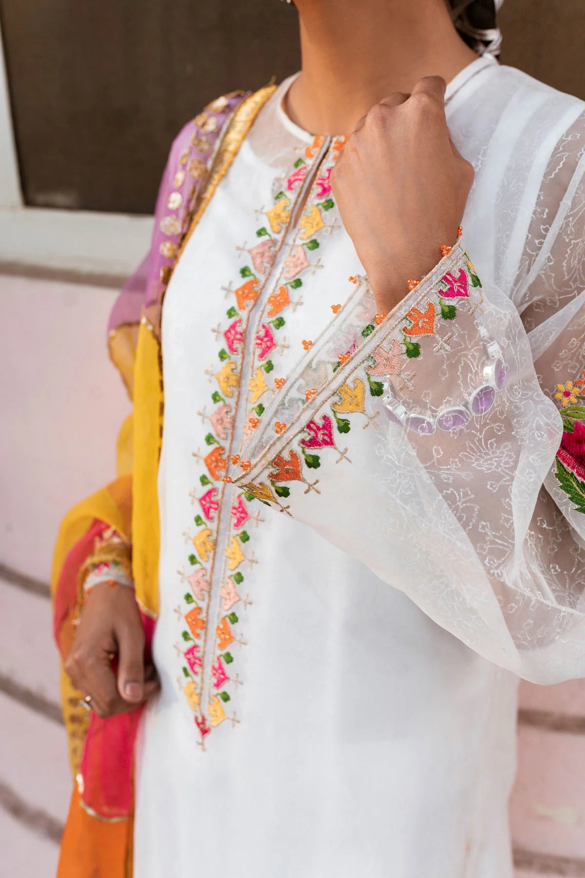 Close-up of the intricate block-printed details and embroidery on Keyseria’s synthetic organza suit – a luxurious addition to Pakistani suits Canada.