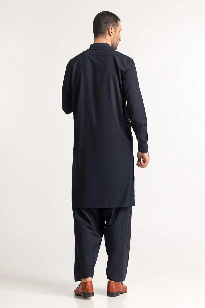 Rear view of the navy blue embroidered suit by GulAhmed, a sophisticated addition to Pakistani suits online in Canada for men.