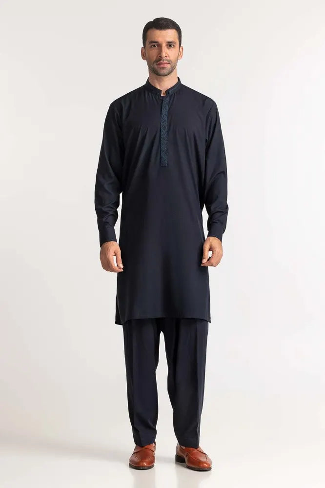 GulAhmed navy blue embroidered suit for men – a stylish Pakistani suit online in Canada, made from blended fabric for formal wear.