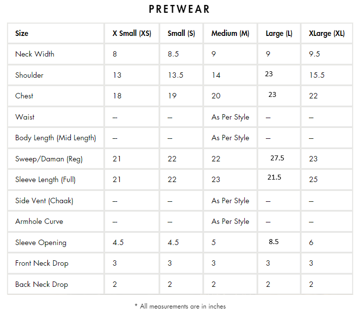 size chart of a Almirah’s pink jacquard suit, crafted with precision – shop premium Punjabi suits in Canada today.