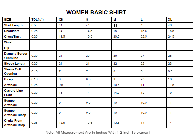 saya size chart