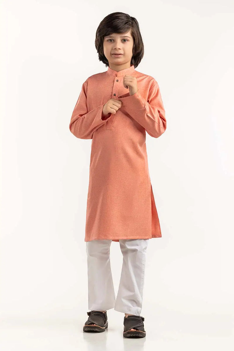 Peach Gulahmed kurta for boys – soft cotton-polyester fabric, ideal for casual wear. Explore Pakistani suits Canada for kids.