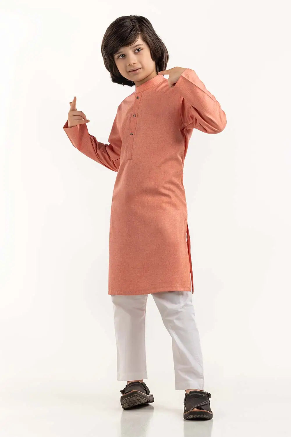 Stylish peach cotton-polyester kurta for boys by Gulahmed – traditional Pakistani clothes for kids, available in size medium.