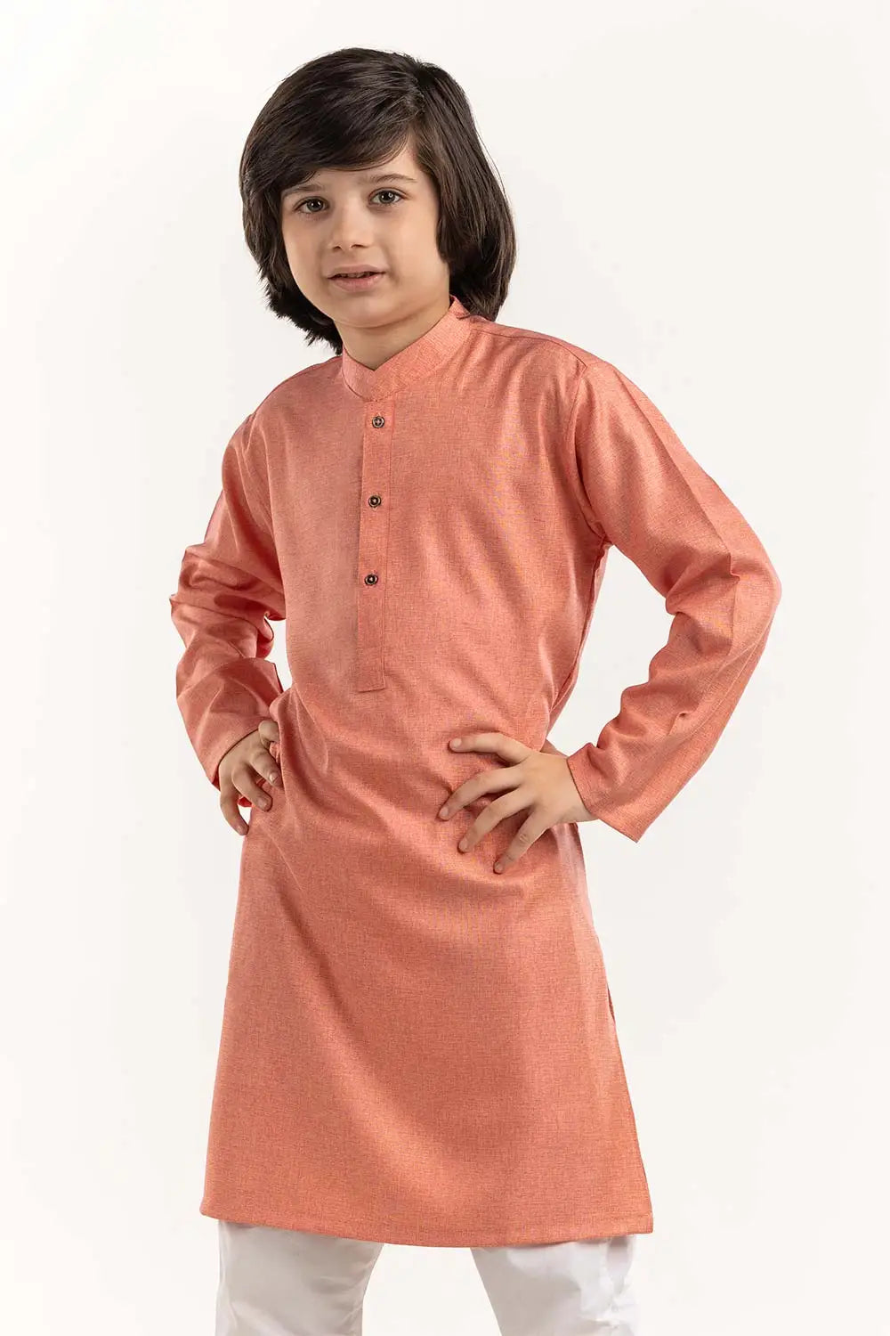 Traditional Pakistani kurta for kids – peach-colored, soft fabric, designed for comfort and style by Gulahmed.