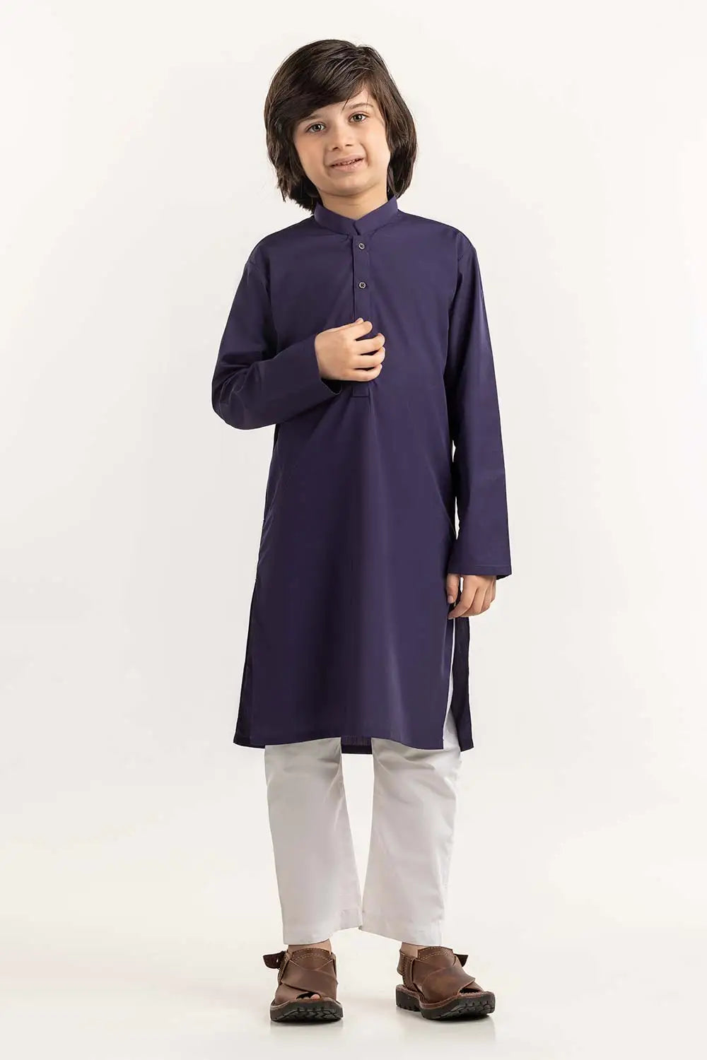 Buy this elegant dark purple GulAhmed kurta, perfect for Punjabi suits for kids in Canada, made from a soft cotton-polyester blend.