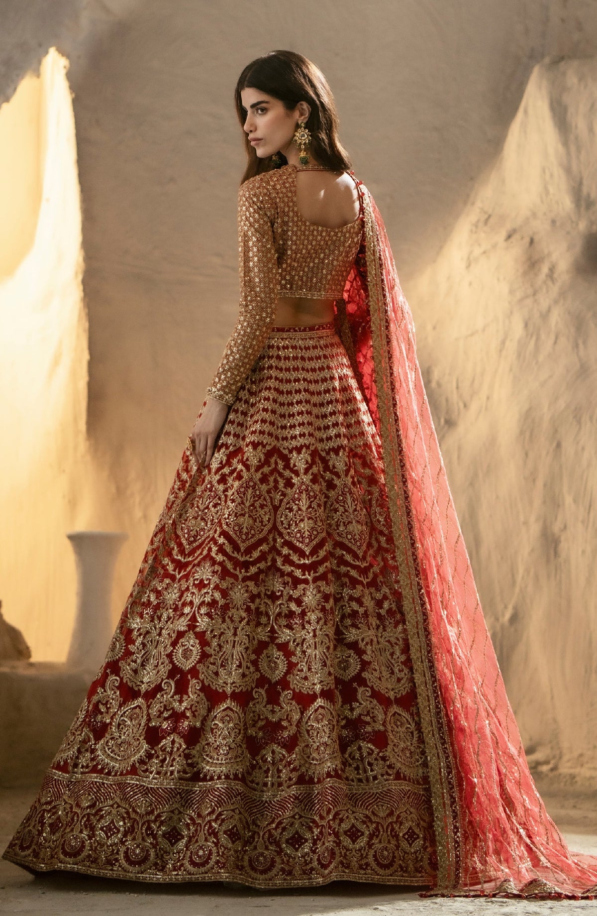 Red bridal lehnga choli back view with coral dupatta - Maryum Maria MNM-101 Pakistani wedding dress embroidery detail