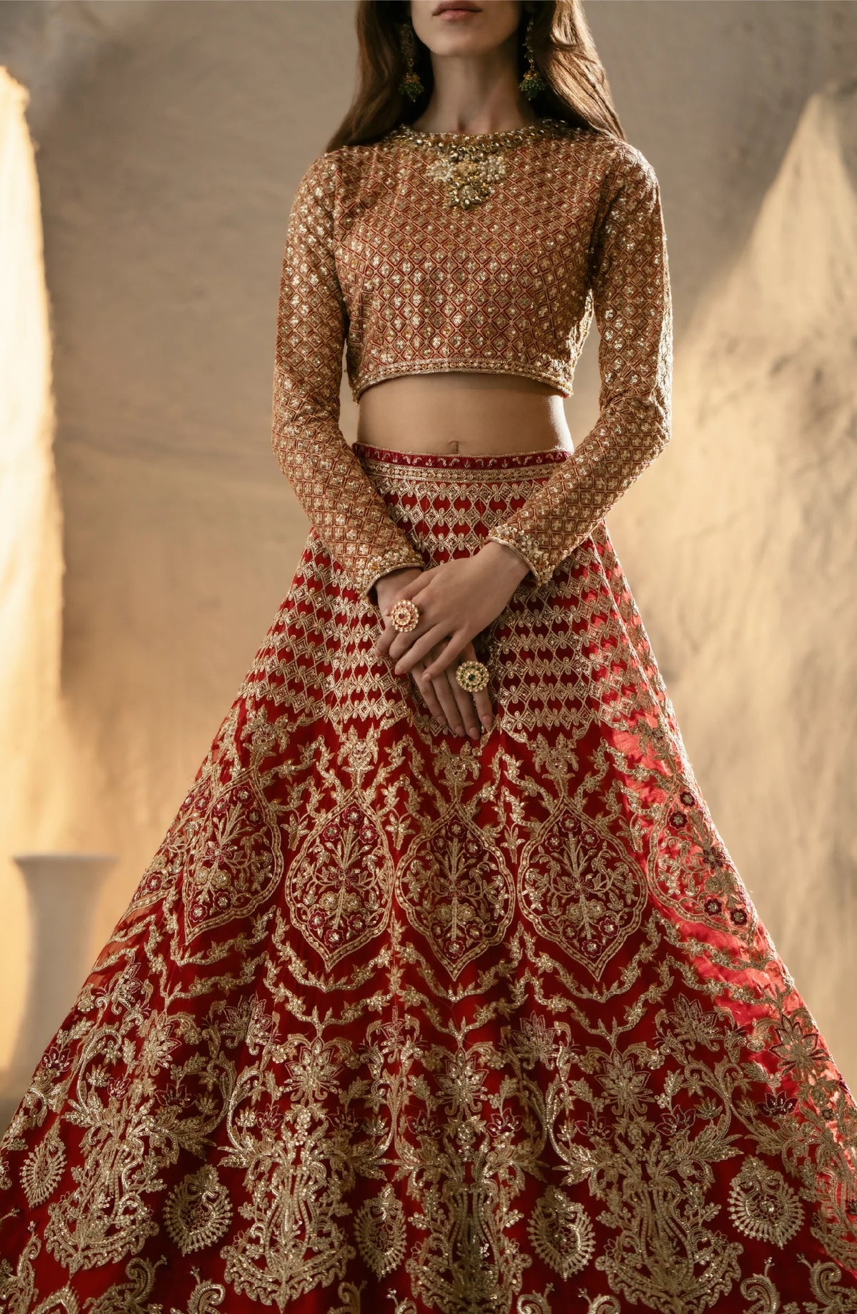 Red bridal lehnga choli MNM-101 front view - gold embroidered choli blouse and skirt detail by Maryum Maria