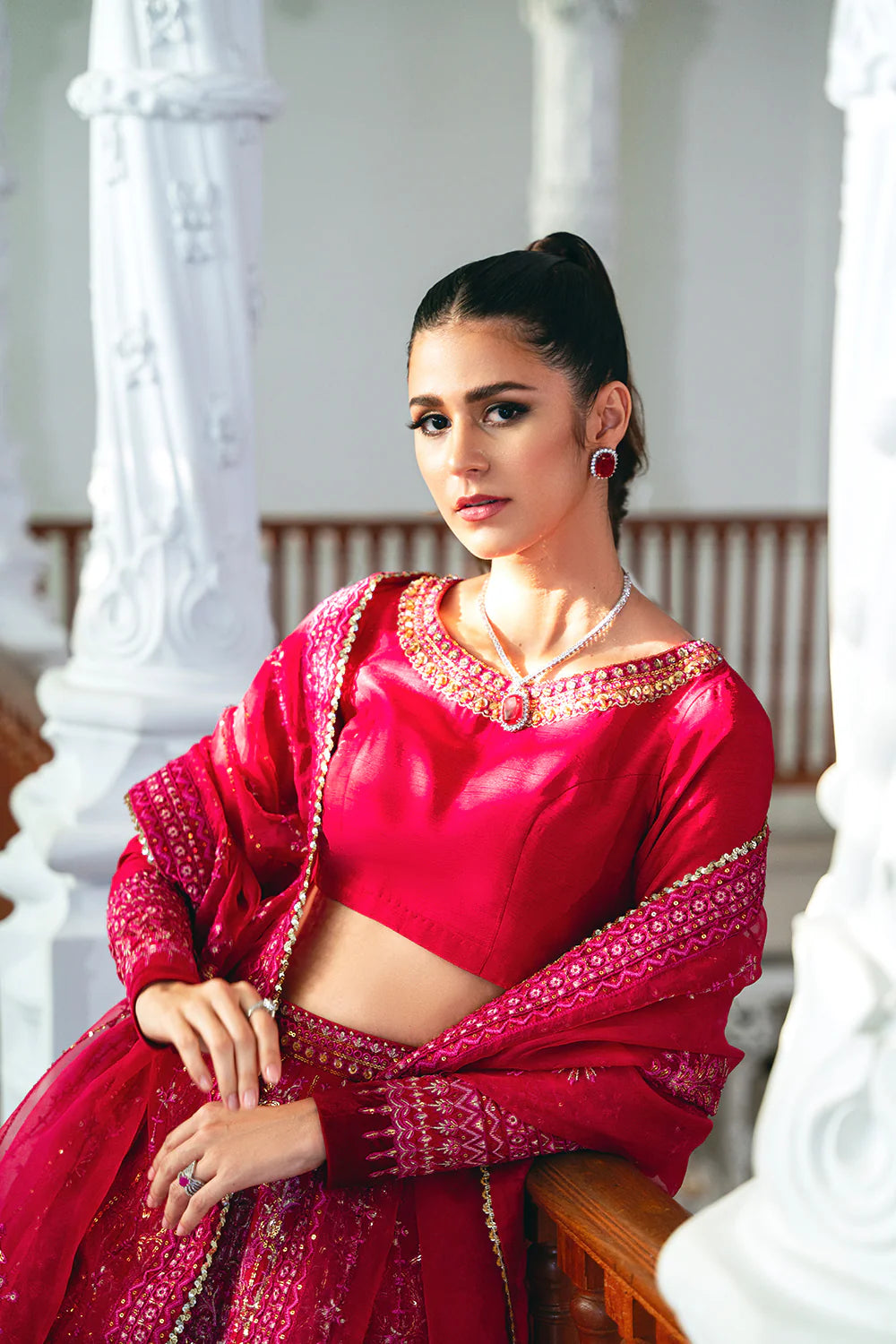 Saira Rizwan bridal choli close-up portrait - fuchsia pink Korean silk with gold embellishments - Pakistani designer wedding outfit Canada