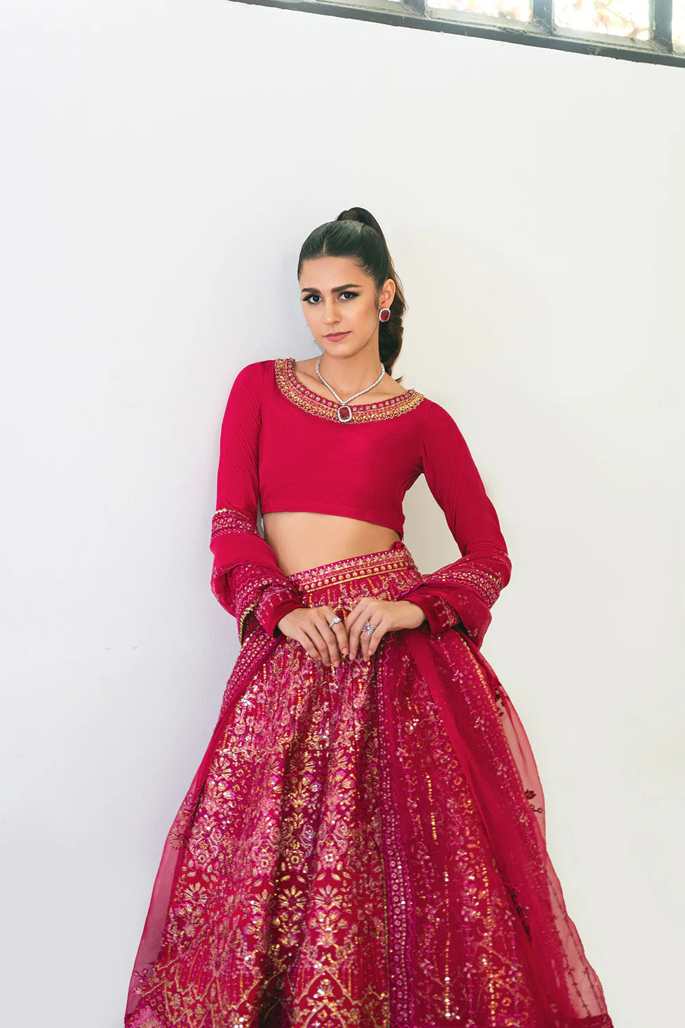 Saira Rizwan bridal lehenga full length front view - fuchsia pink Korean silk choli with embellished lehenga skirt - Pakistani wedding dress Canada