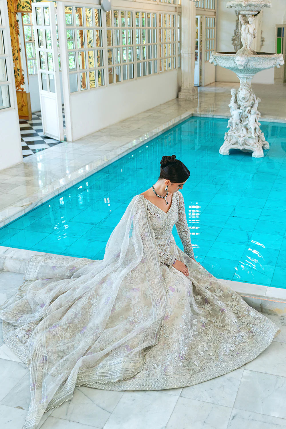 Saira Rizwan luxury bridal embellished organza maxi poolside elegant pose indian suits online Canada