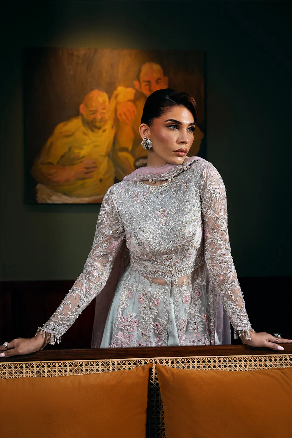 Full length view of Saira Rizwan grey bridal lehenga with embroidered blouse and flowing dupatta, elegant standing pose for Pakistani wedding