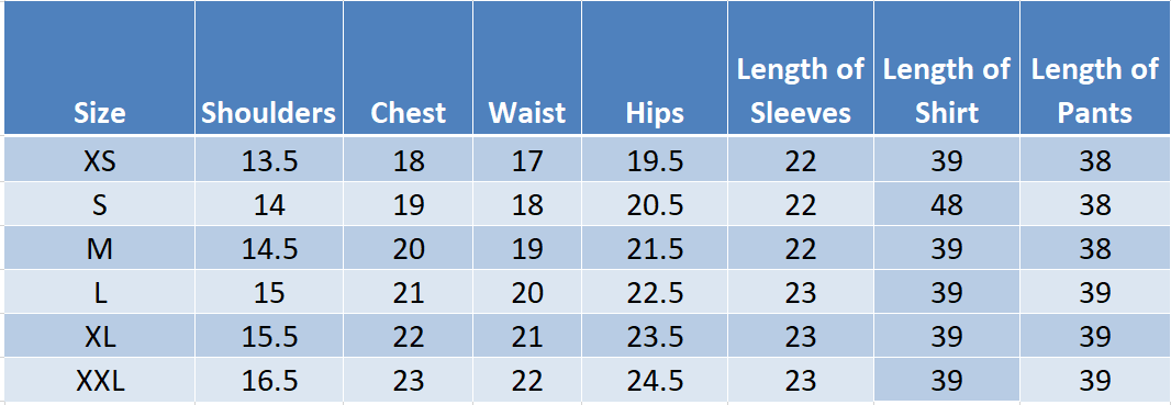 Table displaying clothing size measurements with columns for shoulders, chest, waist, hips, sleeves, shirt, and pants.