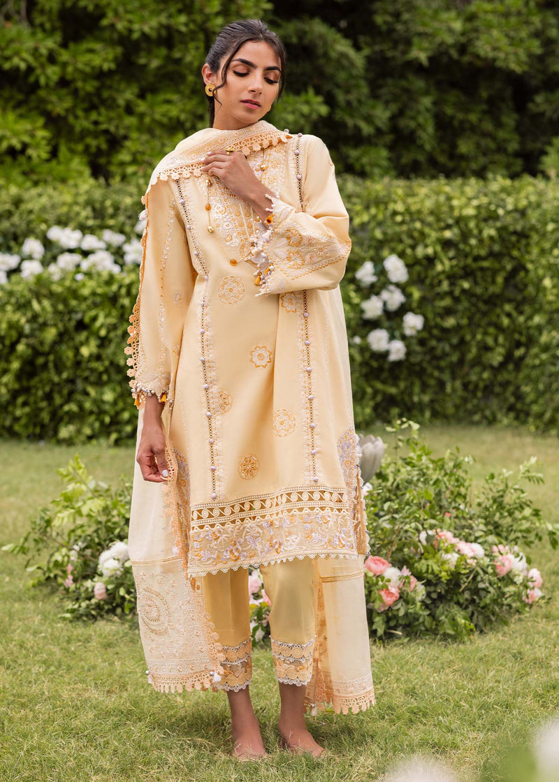Traditional Pakistani clothes - Zaphira Yellow Embroidered Lawn Outfit by Brand Sadaf Fawad Khan