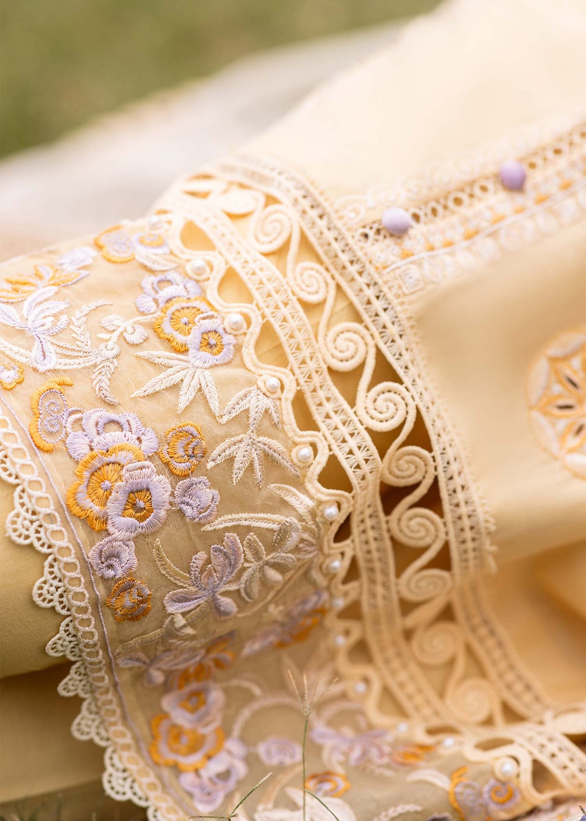 Traditional Pakistani clothes - Zaphira Yellow Embroidered Lawn Outfit by Brand Sadaf Fawad Khan