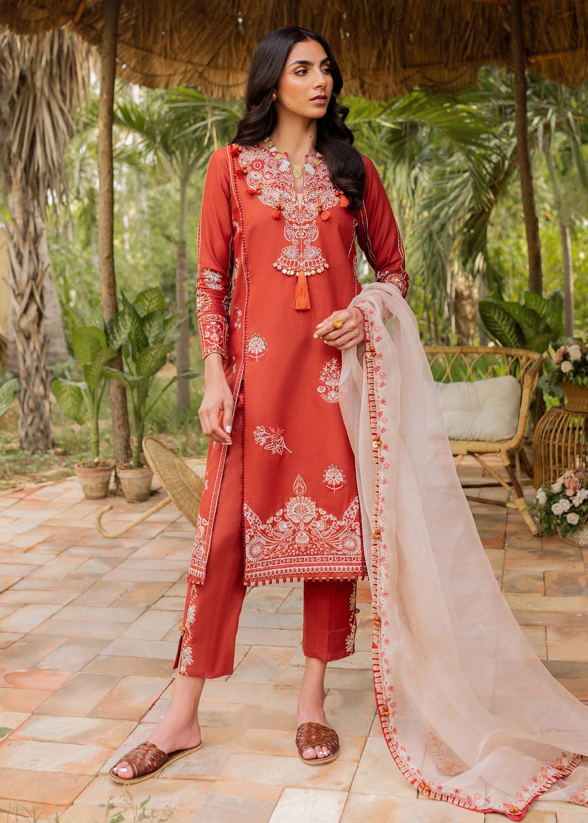 Traditional Pakistani clothes - Faizah Pumpkin Orange Embroidered Lawn Outfit by Brand Sadaf Fawad Khan