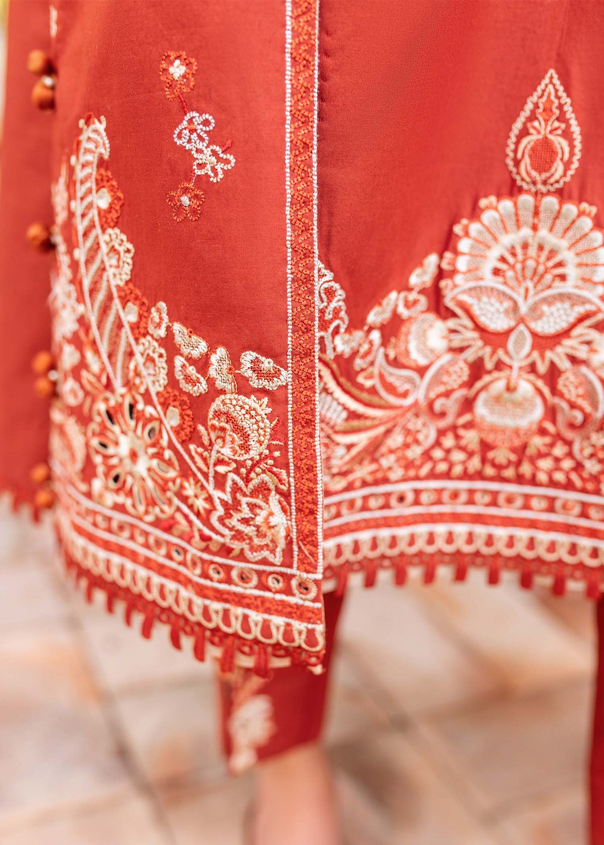 Traditional Pakistani clothes - Faizah Pumpkin Orange Embroidered Lawn Outfit by Brand Sadaf Fawad Khan