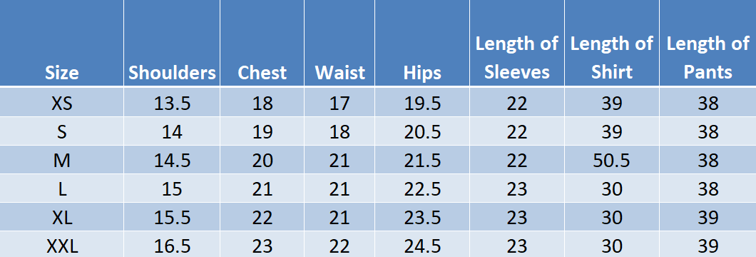 Size chart showing measurements in inches for XS through XXL sizes, including shoulders, chest, waist, hips, sleeve length, shirt length, and pants length