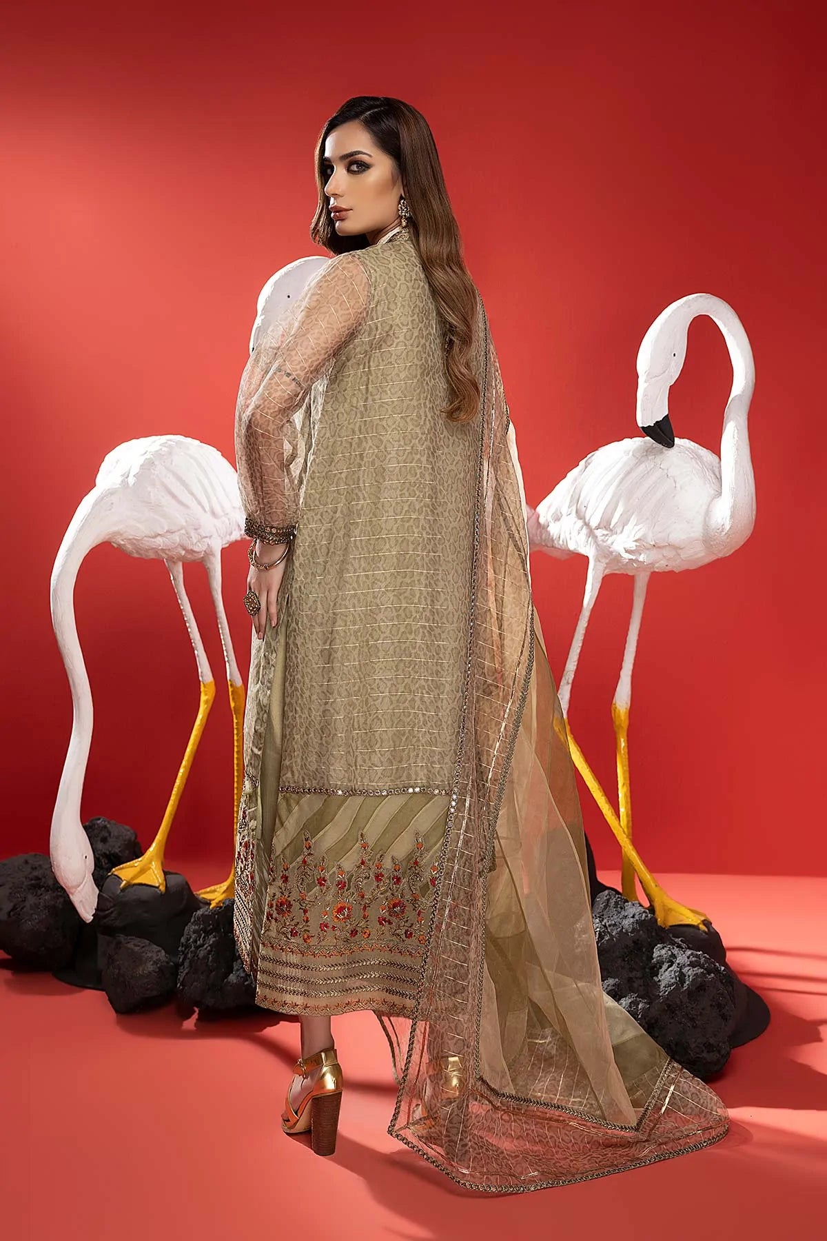 Brand Charizma - 3-PC Embroidered Long Shirt with Raw Silk Qlot Trouser and Organza Dupatta - CHM-205 - Tarz-e-Mashriq