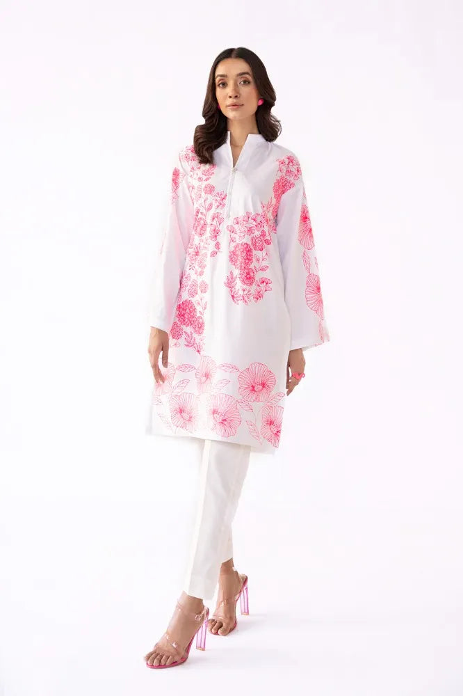 Elegant white and pink cambric block-printed shirt from GulAhmed – perfect for traditional Pakistani clothing in Canada.