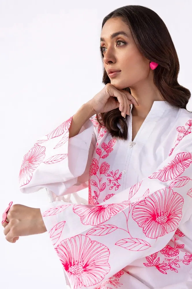 women wearing A stylish cambric shirt in white and pink by GulAhmed, ideal for Pakistani suits in Canada.