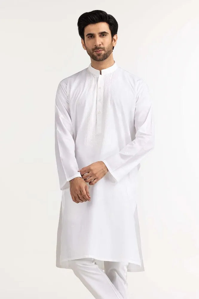 main picture of Gulahmed white embroidered kurta for men – a premium Pakistani suit in Canada, crafted from breathable cotton for formal wear