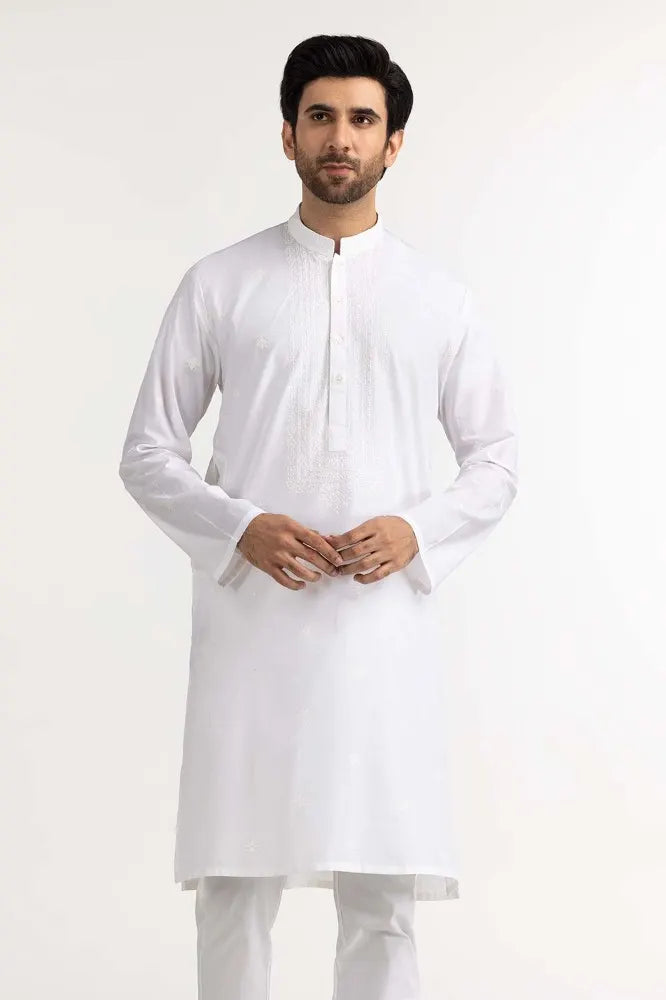 Side view of the white embroidered kurta for men by Gulahmed, showcasing its tailored fit and premium craftsmanship