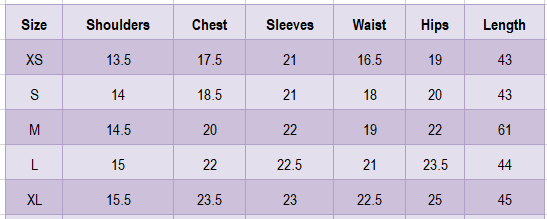 Table displaying clothing size measurements with various dimensions for pakistani dresses zaha brand