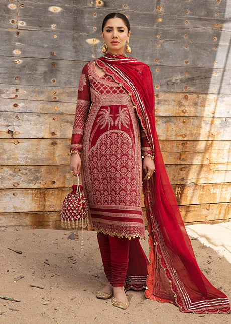 Complete Hussain Rehar maroon 3-piece Pakistani suit ensemble with matching churidar and chiffon dupatta