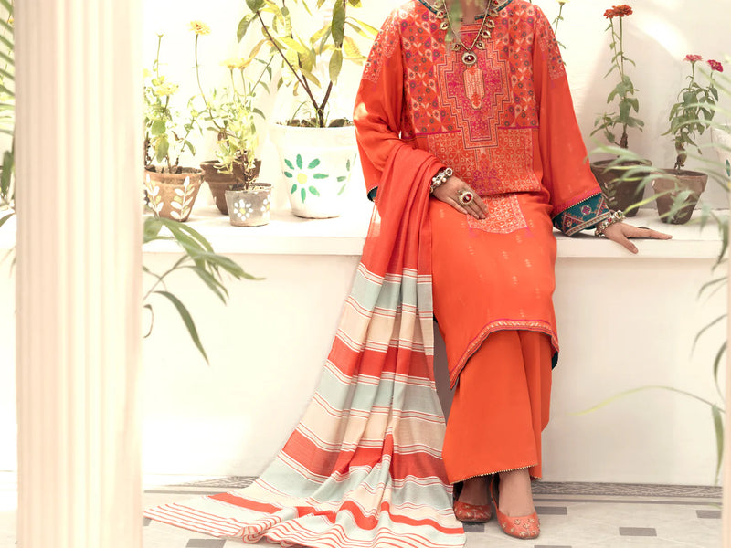 Shop Punjabi suits in Canada with this elegant orange jacquard 3-piece stitched suit from Almirah, perfect for festive gatherings.