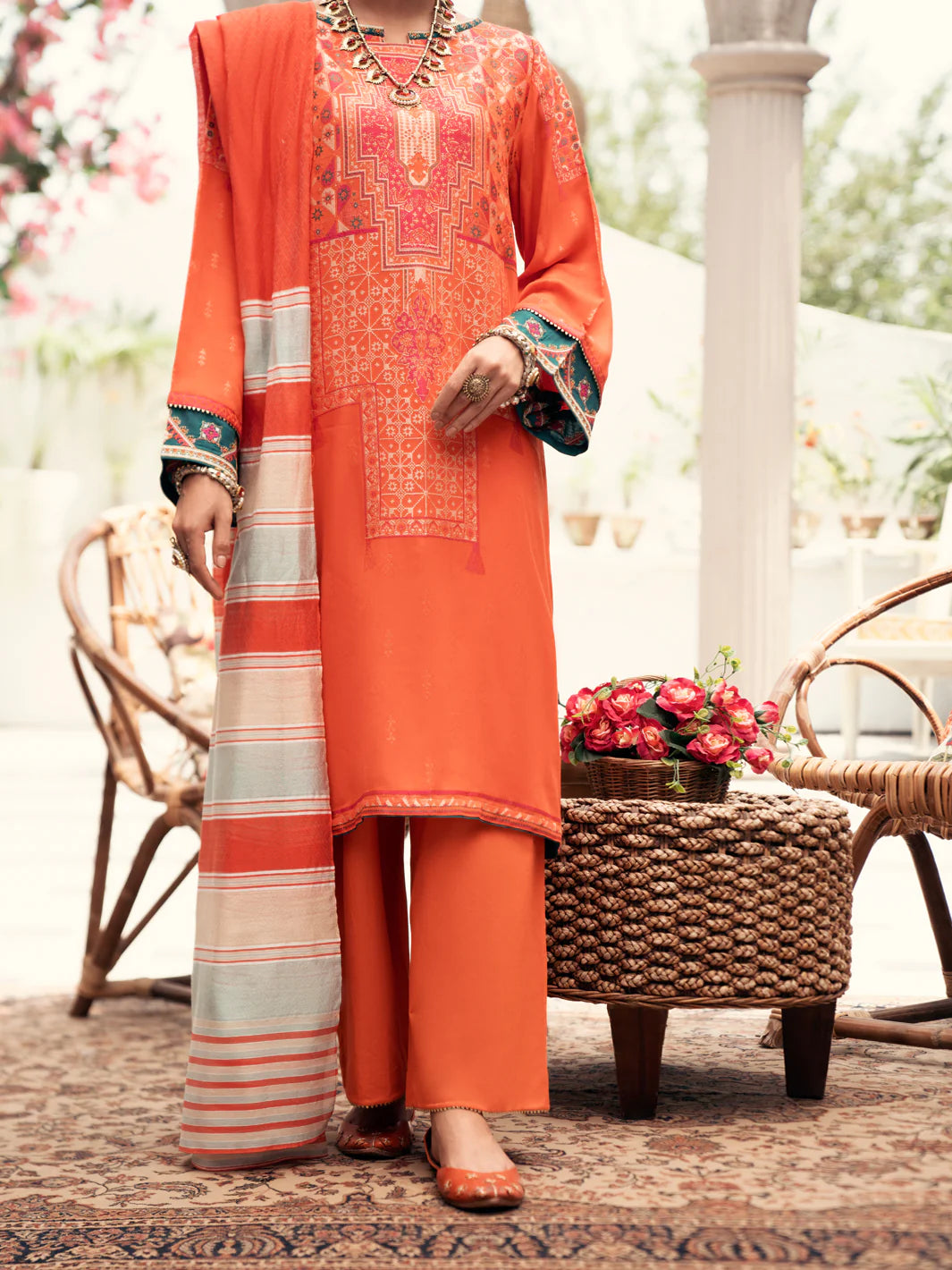 Almirah orange jacquard embroidered suit – a luxurious choice for Pakistani suits online in Canada, designed for semi-formal occasions.