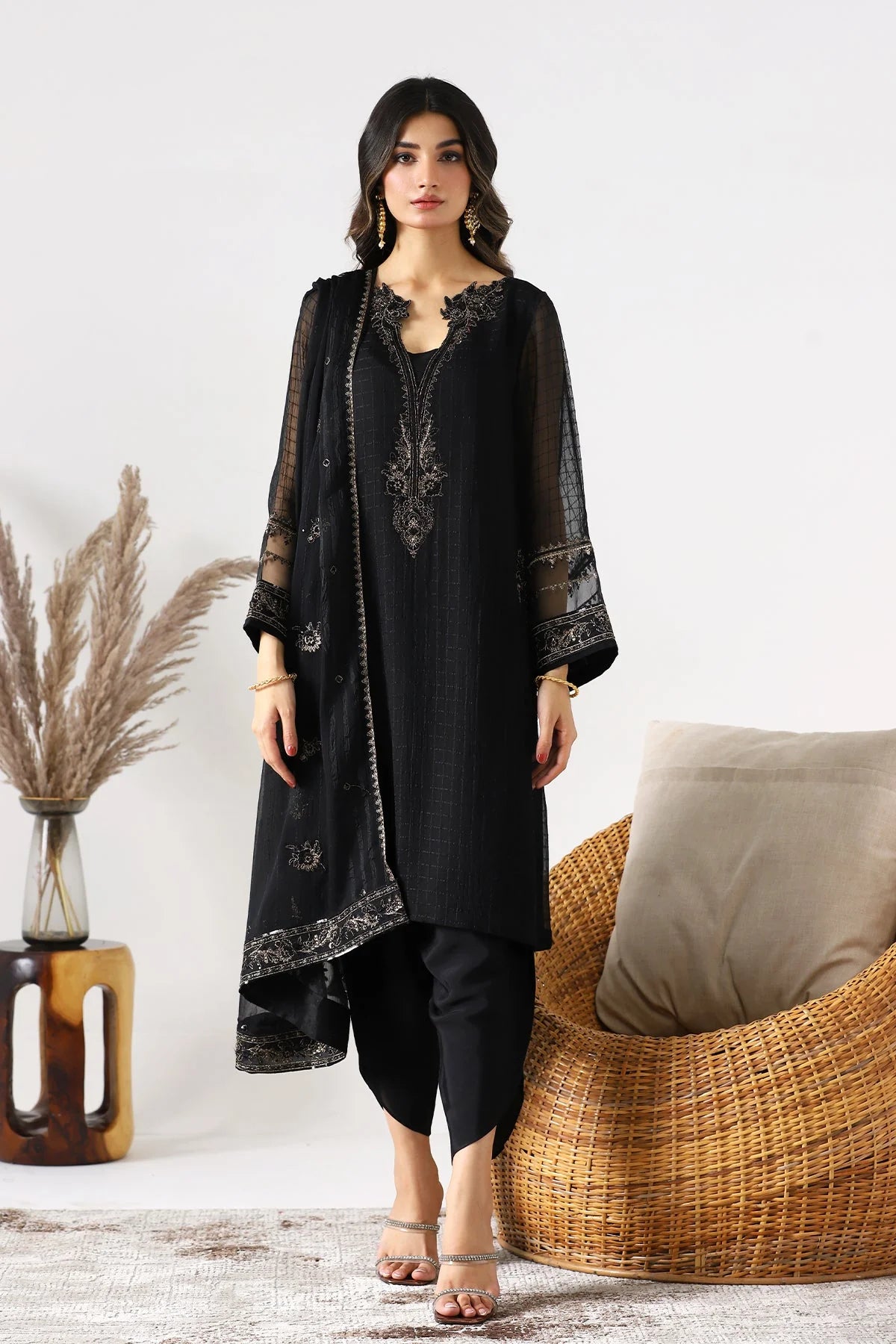 Charizma black embroidered 3-PC chiffon suit – a premium choice for Pakistani suits online in Canada, designed for semi-formal elegance.