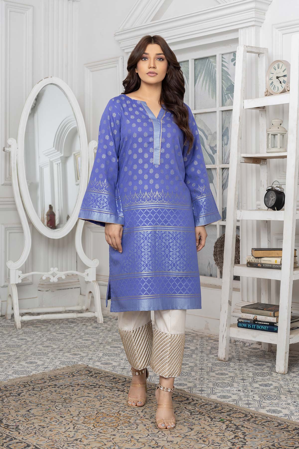 women wearing a Charizma violet-blue Jacquard Lawn Shirt – a stylish choice for Pakistani suits online in Canada, perfect for casual wear.
