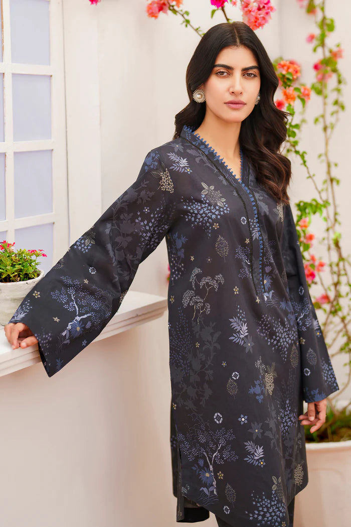 girl wearing a Stylish Baroque printed lawn suit in black olive, ideal for Punjabi suits in Canada.