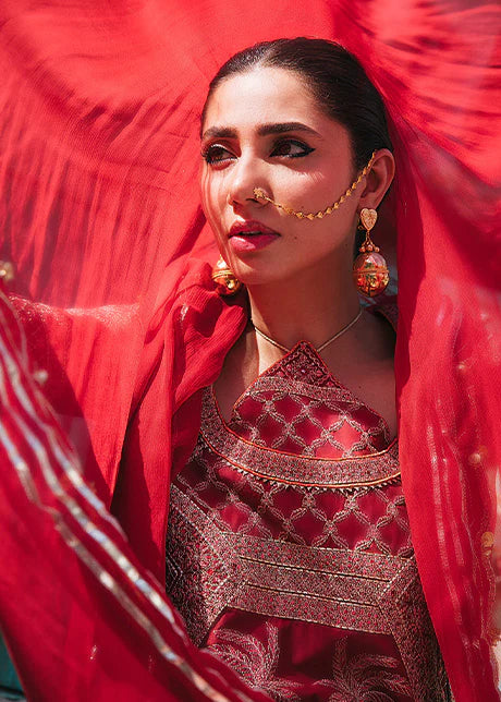 Hussain Rehar - Maroon Shirt with Chiffon Dupatta - HR-25 - Tarz-e-Mashriq
