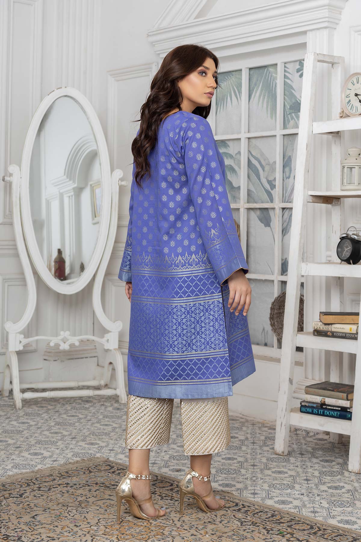 Back view of Charizma’s Jacquard Lawn Shirt, featuring refined lace detailing – a premium choice for Pakistani suits online in Canada.