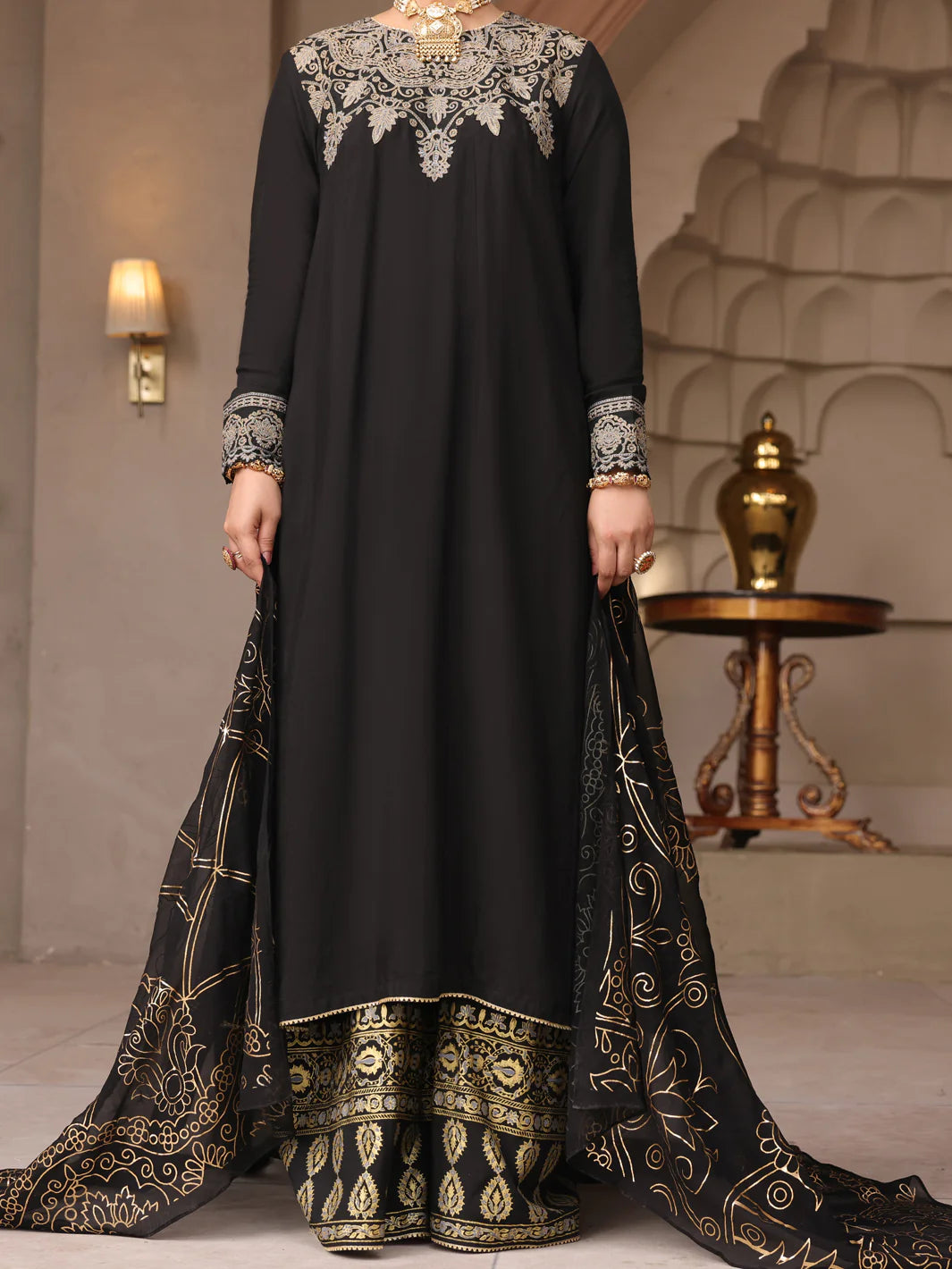Elegant black embroidered viscose suit by Almirah – a top choice for Pakistani suits online in Canada, designed for festive wear.
