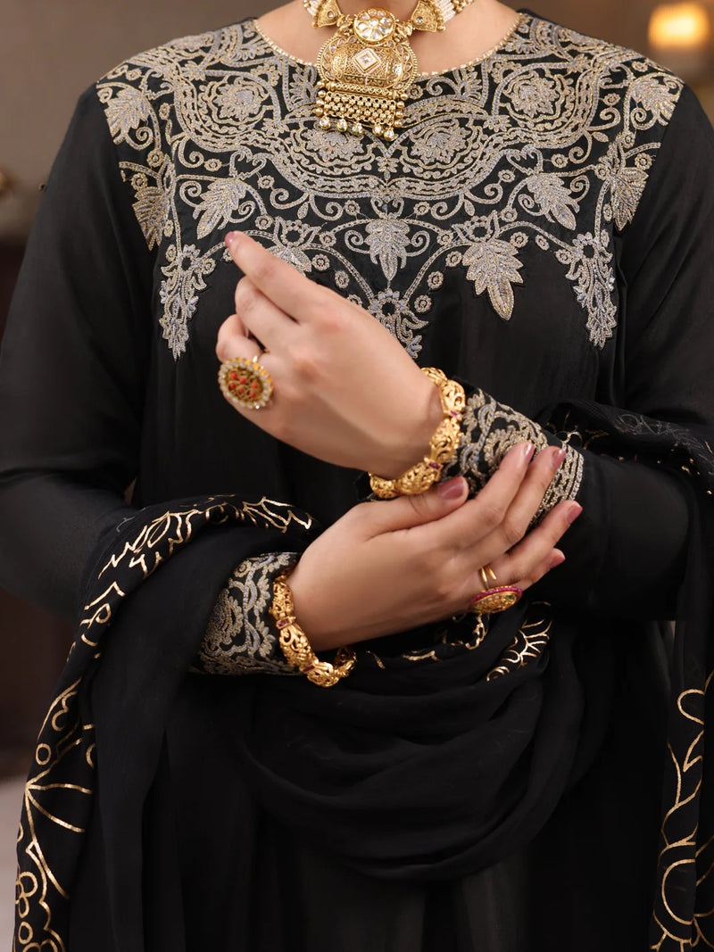 women showing closeup of Pakistani suits in Canada with this stylish black viscose 3-piece suit from Almirah, perfect for semi-formal events.