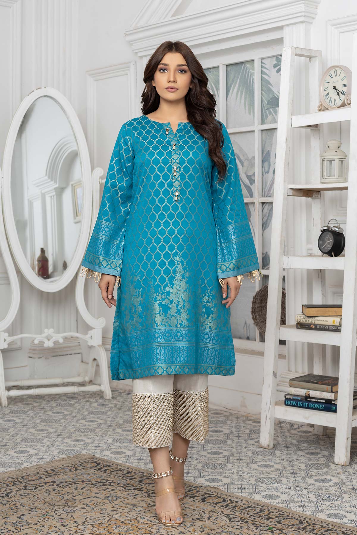 A WOMEN WEARING Charisma teal green jacquard lawn shirt – a refined choice for Pakistani suits online in Canada, crafted for casual elegance.
