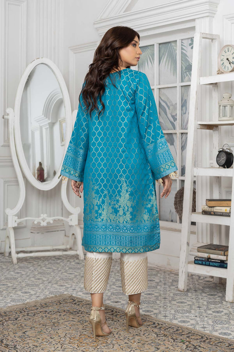 Back view of Charisma’s teal green jacquard lawn shirt – a classic choice for Pakistani suits online in Canada.