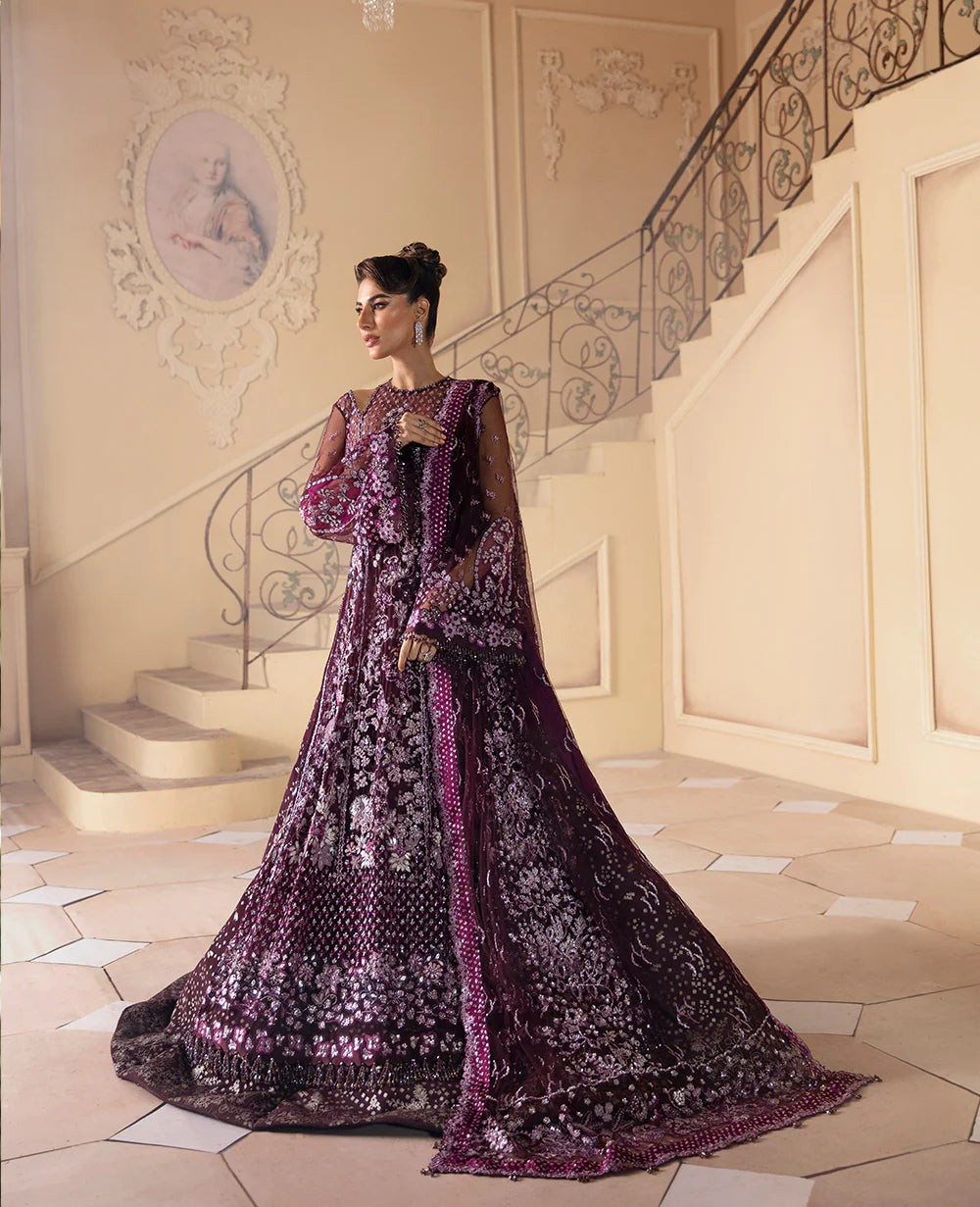 Republic Womenswear - Wine Organza Dress with Silver Floral Embellishments - REP-109 - Tarz-e-Mashriq