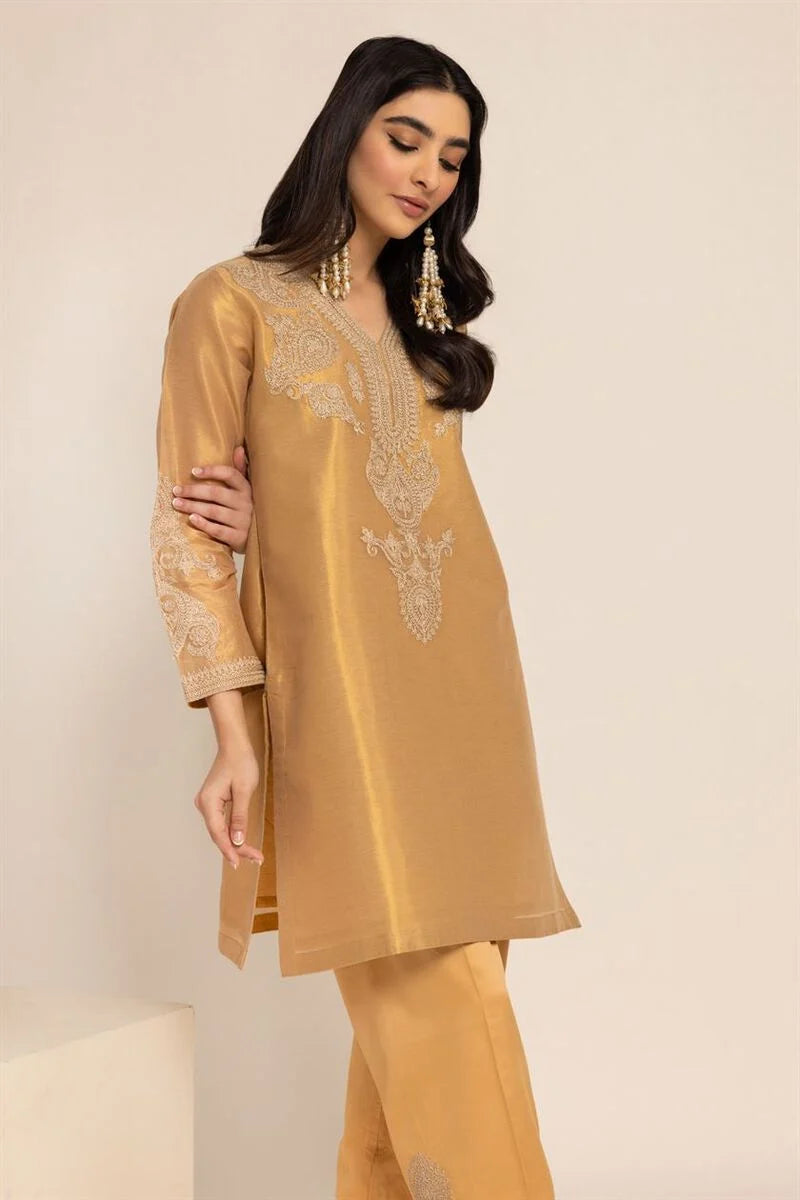 front View of Khaadi gold kurta – a refined choice for traditional Pakistani clothes in Canada, crafted from breathable cotton fabric.