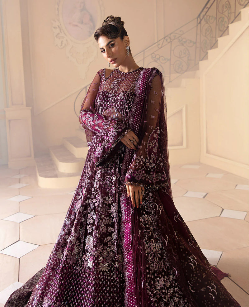Republic Womenswear - Wine Organza Dress with Silver Floral Embellishments - REP-109 - Tarz-e-Mashriq