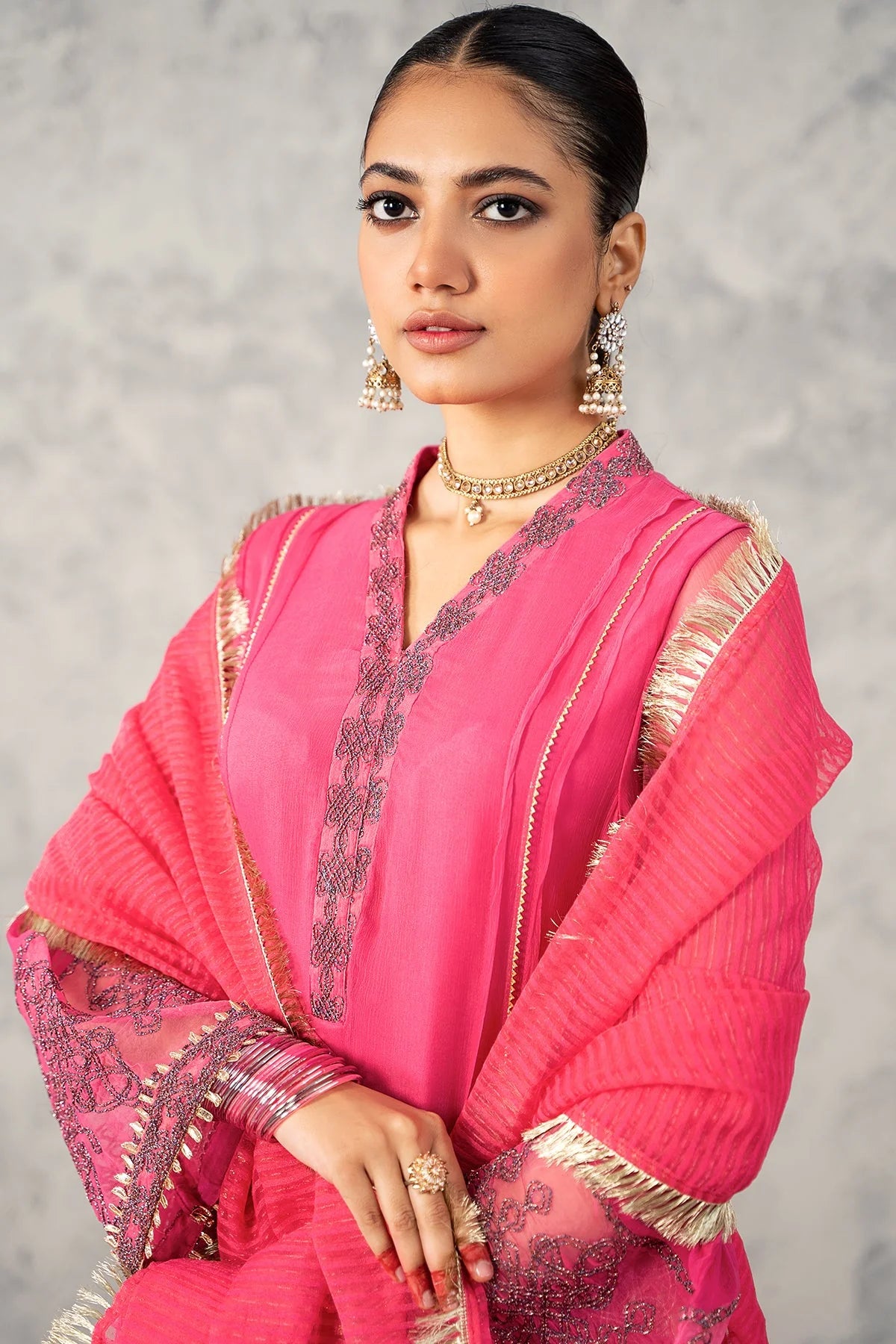 Brand Charizma - 3-PC Embroidered Poly Net Shirt with Net Dupatta and Trouser (Pink) - CHM-206 - Tarz-e-Mashriq