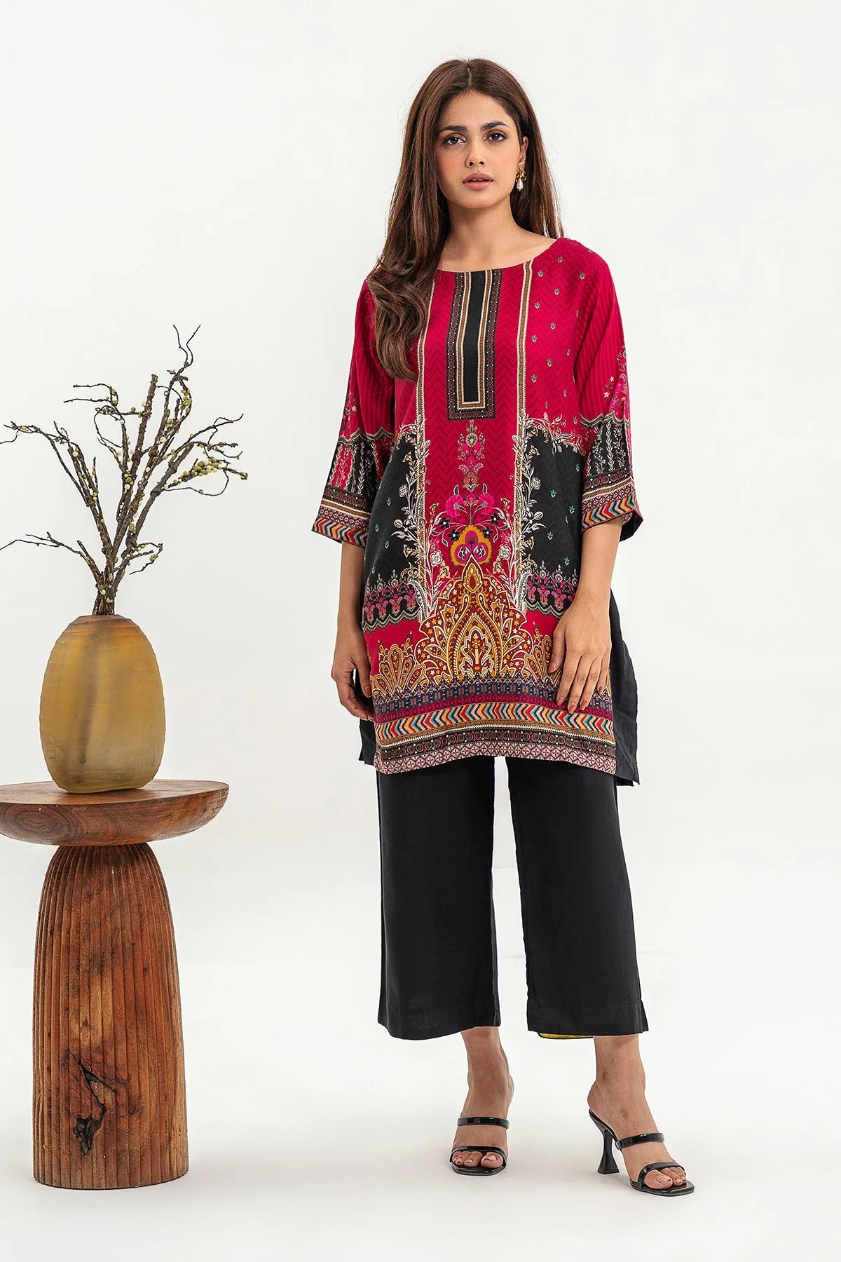 Charizma red printed linen shirt – a stylish choice for Pakistani suits online in Canada, designed for casual wear.