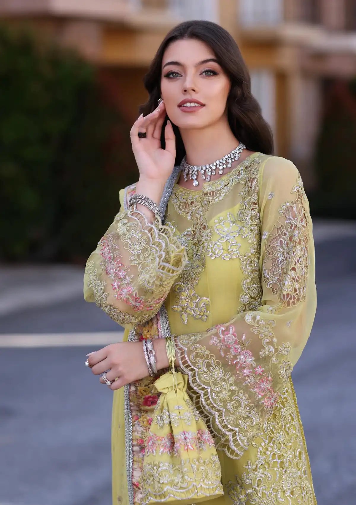 Brand 'Noor by Saadia Asad' - Dark Khaki Laserkari Chiffon 3-Pc Suit - NSA-265