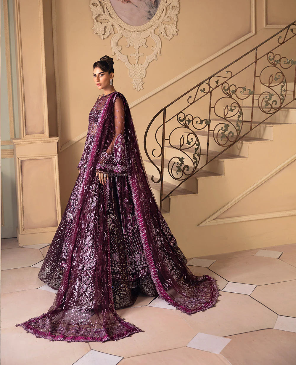 Republic Womenswear - Wine Organza Dress with Silver Floral Embellishments - REP-109 - Tarz-e-Mashriq